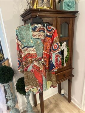 CAbi Teal, Navy & Coral Floral-Print Kimono